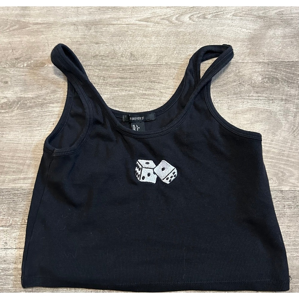 Forever 21 Black Crop Tank Top White‎ Embroidered Dice Large L